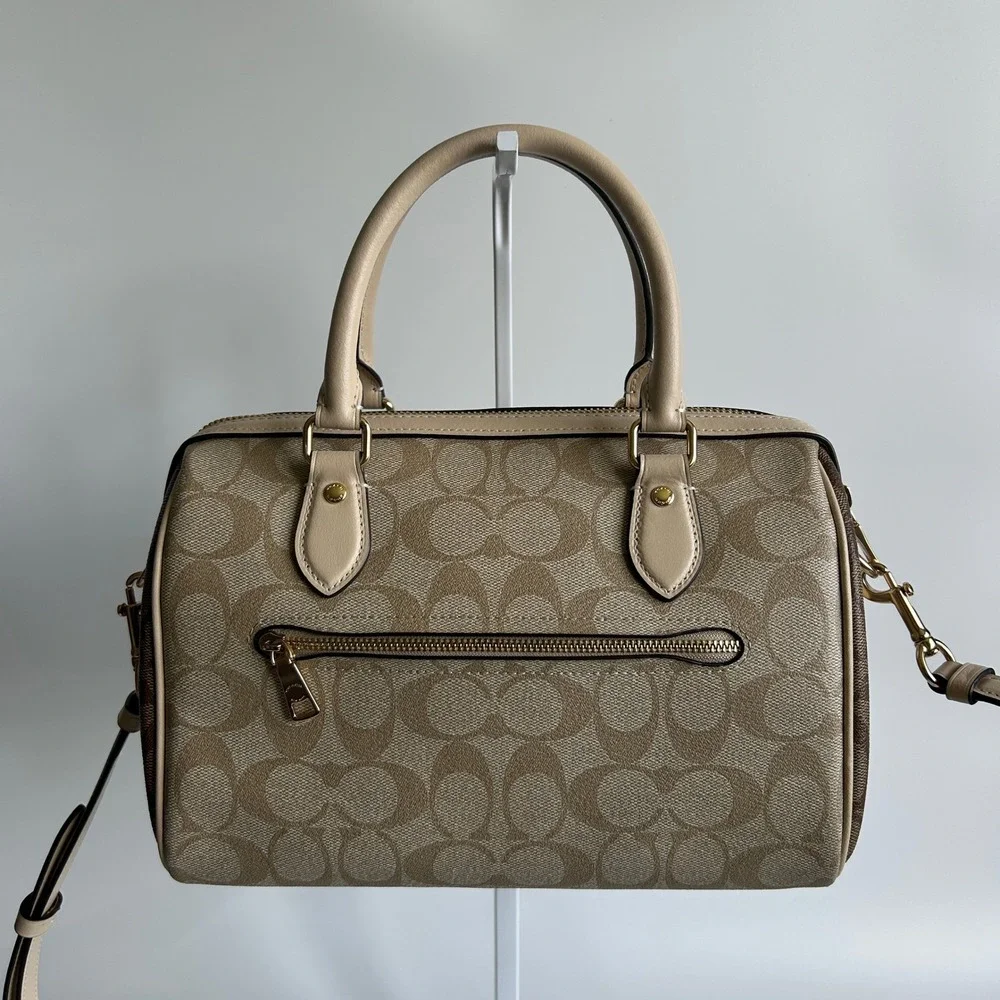Coach Rowan Satchel Khaki Chalk Signature Canvas Leather Bag Excellent‎